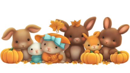 Cute Bunnies With Pumpkins Illustration on Transparent Background