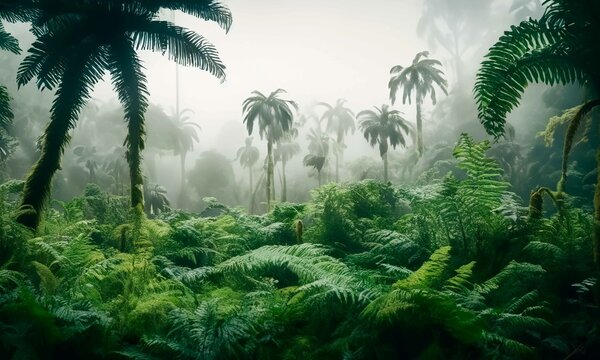 Amazon rainforest with rain fog palm trees ferns xaxim in an idyllic and relaxing natural setting