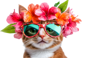 Cute Cat Portrait With Sunglasses And Floral Crown Isolated Photo