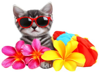 Cute Cat With Sunglasses And Flowers Isolated On Transparent Background