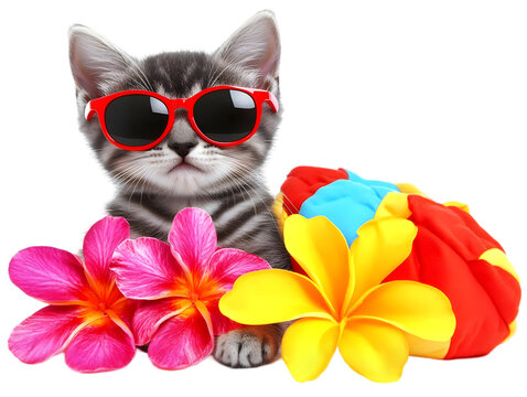 Cute Cat With Sunglasses And Flowers Isolated On Transparent Background