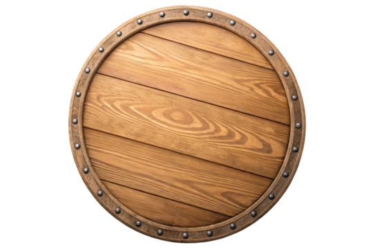 Isolated on white, an old brown wooden shield shows its vintage wood and round form, hinting at medieval protection
