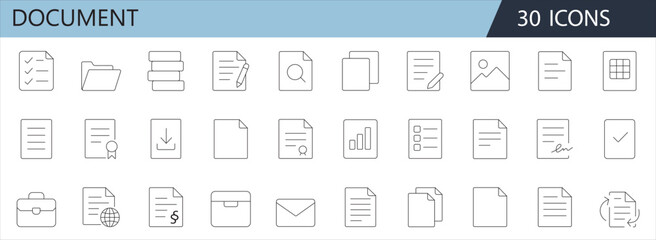 Document Line Icon Set – Contract, Clipboard, Certificate, Invoice, Folder, Paperwork, Archive Outline Vector Icons