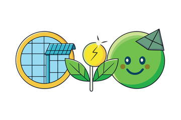 Eco conscious circular design of a yellow energy symbol surrounded by green leaves, signifying solar energy and environmental sustainability