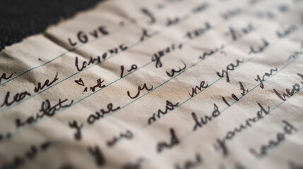 Close up shot of handwritten love letter on lined paper with vintage aesthetic look
