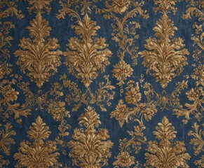 Intricate blue and gold floral damask wallpaper texture , interior, repeating pattern, luxury