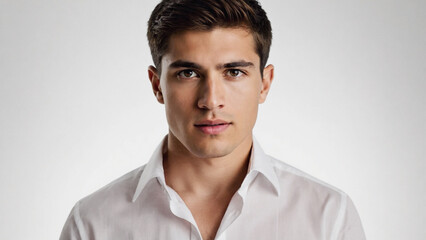 Obraz premium Well-groomed young man in a white shirt poses in front of a soft gray background