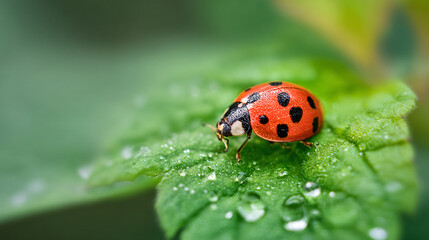 Fototapeta premium Ladybug resting on a green leaf with water droplets macro photography closeup view