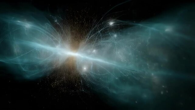 An imaginative depiction of quantum teleportation showing a particle being dematerialized at one point and reappearing instantaneously at another.