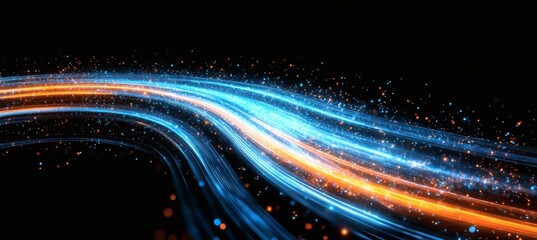 Obraz premium Neon lit high speed light trails on a dark futuristic road representing data highways artificial intelligence driven computing technology futuristic transportation and innovation in digital,