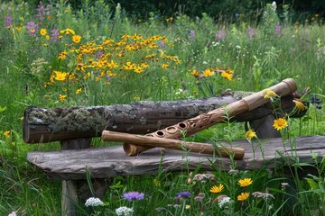 Carved wooden flute rests on a rustic bench amid meadow wildflowers, nature's serene music objects.