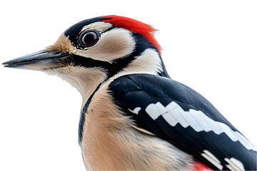 Obraz premium Detailed Portrait Of A Woodpecker Isolated With Red Feathers On Transparent Background