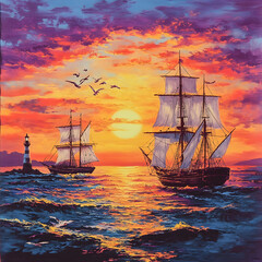 Obraz premium Sailing into the Sunset: A Nautical Dreamscape of Serene Evenings and Guiding Lights