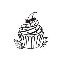 Cupcake Silhouette Clip Art | Black Frosted Cupcake Outline on White Background