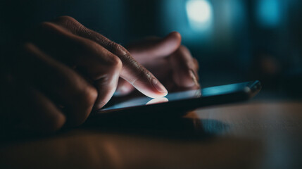 Close up of person using mobile phone at night for social media networking app