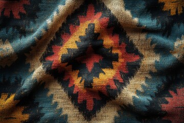 Close-up of colorful tribal textile with red blue and black geometric patterns