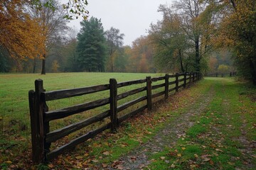 Fototapeta premium Rural path with a wooden fence stretching along a grassy field during autumn