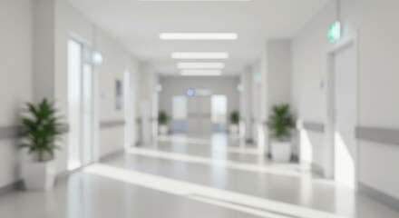 Blur medical image background, corridor in hospital or clinic, healthcare hallway blurred backdrop, Interior of modern office building