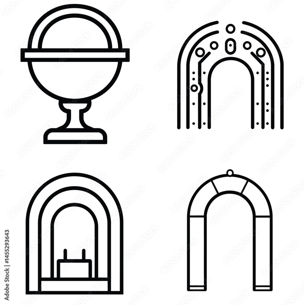 Poster varied architectural elements line art in minimalist style on white background