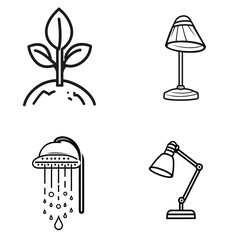 Fototapeta premium Vector Line Art Sprout, Table Lamp, Shower Head, Adjustable Desk Lamp Icons