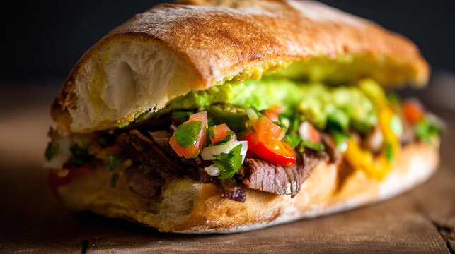 Delicious mexican torta sandwich with avocado and meat food photography image
