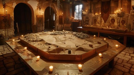 Candlelit ancient war room featuring a tactical sand table, miniature terrain, strategic markers and historically accurate elements.