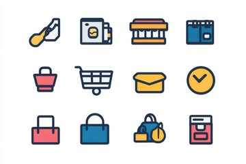 Set of flat vector shopping and commerce icons in pastel colors