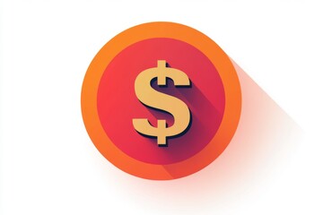 Obraz premium Minimalistic red dollar coin icon with long shadow on white background