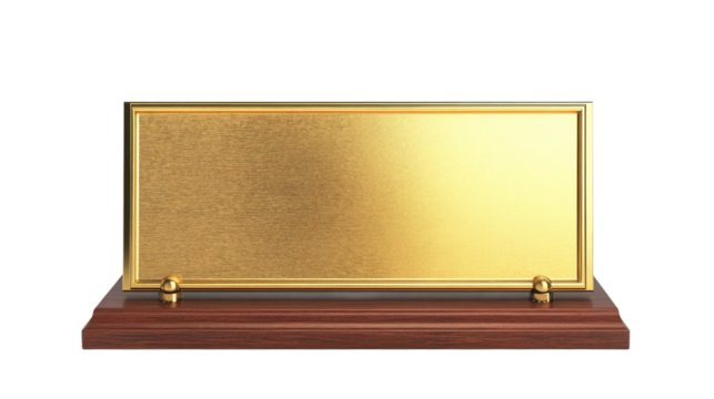 Gold plaque award on mahogany base isolated on white and transparent background