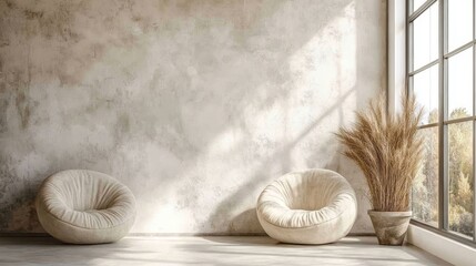Elegant room interior with comfortable armchairs and natural light.