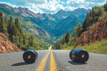 Scenic mountain road with yellow dividing line and massive boulders on both sides under a blue sky