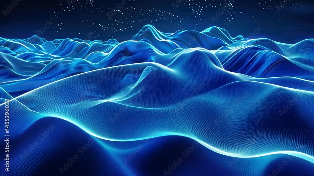 Poster mesmerizing digital landscape abstract waves of blue light creating depth and movement, evoking tran