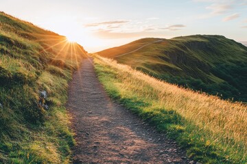 Scenic hiking trail at sunrise, leading to a summit. Lush green hillsides, golden grass, and a pathway through the landscape, sun rays shining through the clouds