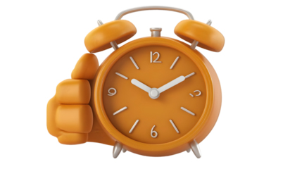 3D Illustration of Orange Alarm Clock and Hand Giving Thumbs Up Isolated