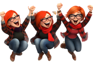 3D Render Illustration of Cheerful Women Jumping with Joy Wearing Glasses