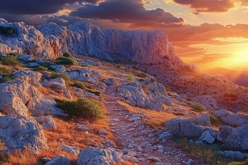 Obraz premium Dramatic mountain path at sunset. Rocky landscape with a trail winding through arid hills under a vibrant colorful sky