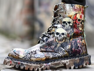 Artistically painted combat boots intricate custom designs metallic accents punk rock aesthetic rebel boots.