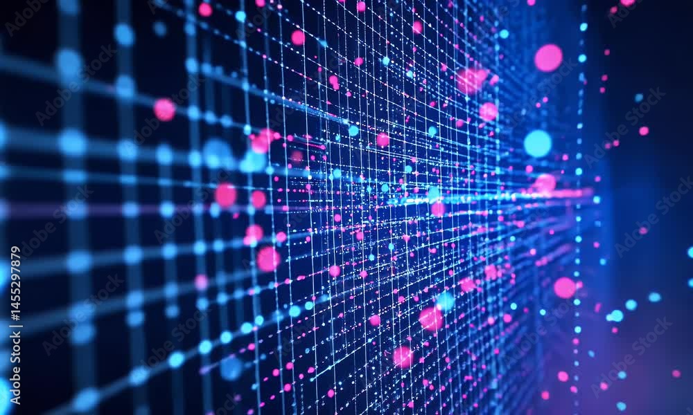 Poster digital background featuring a glowing digital wall with data points and lights, creating an immersi