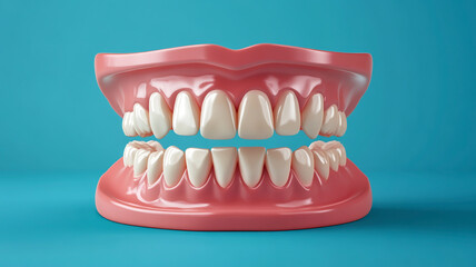 Obraz premium A realistic 3D of full dentures placed on a reflective surface, showing detailed gums and polished artificial teeth, with soft lighting and clinical background