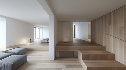 Fototapeta premium Minimalistic Modern Home Interior with Natural Wood Accents and Open Space