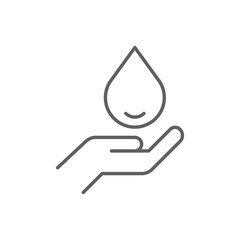 Save water icon. Simple outline style. Hand with water drop, hygiene, clean, energy, care, purity, sea, health, environment concept. Thin line symbol. Vector illustration isolated. Editable stroke.