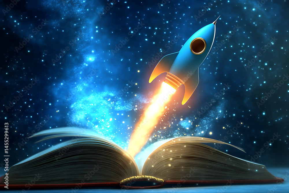 Poster a rocket launching from an open book under a starry sky, symbolizing imagination and adventure