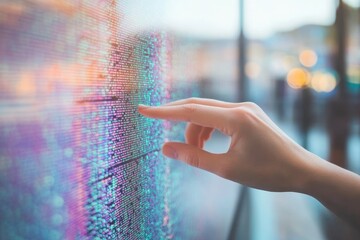 A hand interacts with a large, vibrant digital display showing data streams