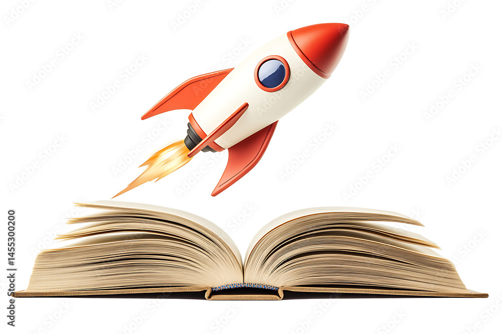 Poster a rocket launching from an open book, symbolizing creativity and knowledge in a bright setting