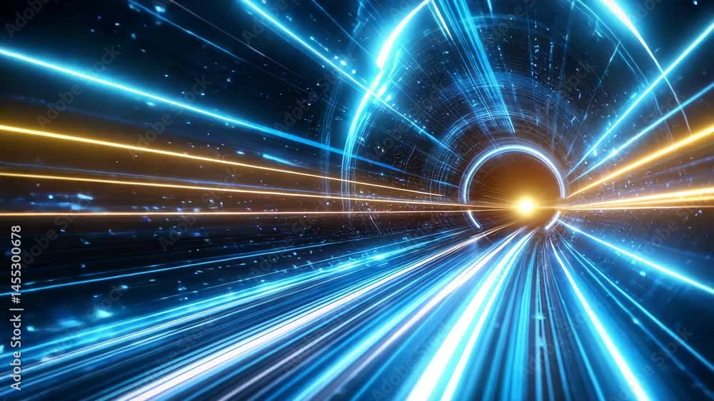 Poster futuristic light tunnel with speed lines and glowing particles