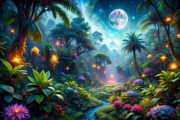 Naklejka premium A captivating bioluminescent jungle at night with glowing plants, colorful flowers, a full moon, and ethereal glowing lights creating a mystical atmosphere