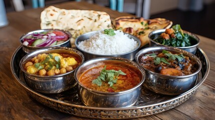 Indian Thali Dinner with Curries, Rice, Naan, and Salad on a Silver Tray Surface