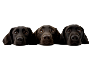 Three Black Labrador Puppies With Brown Eyes Isolated on Transparent Background