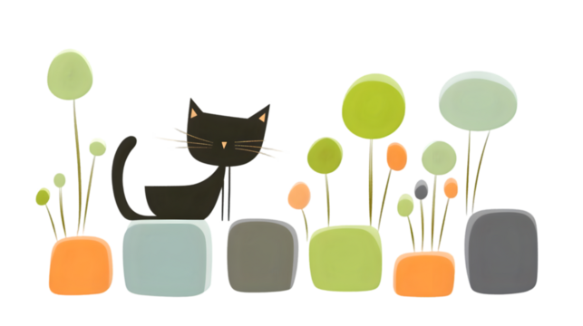 Stylized Black Cat in Garden with Plants Illustration on Isolated Transparent Background
