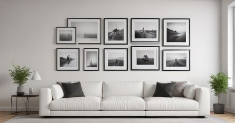 Empty black photo frames on white wall, modern living room mockup, interior, wall decor